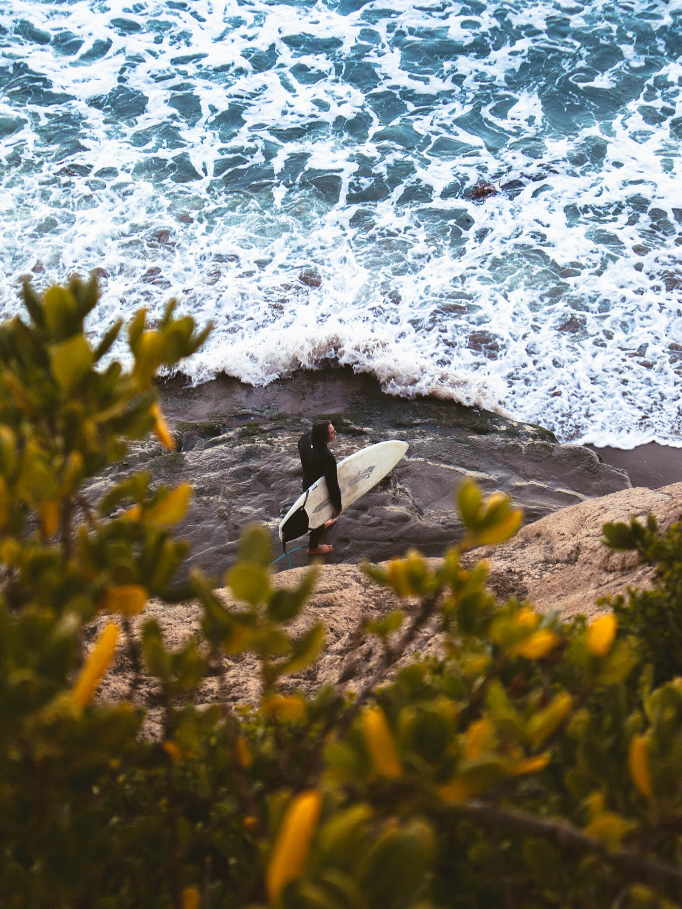 Overhead shot of surfer looking at ocean